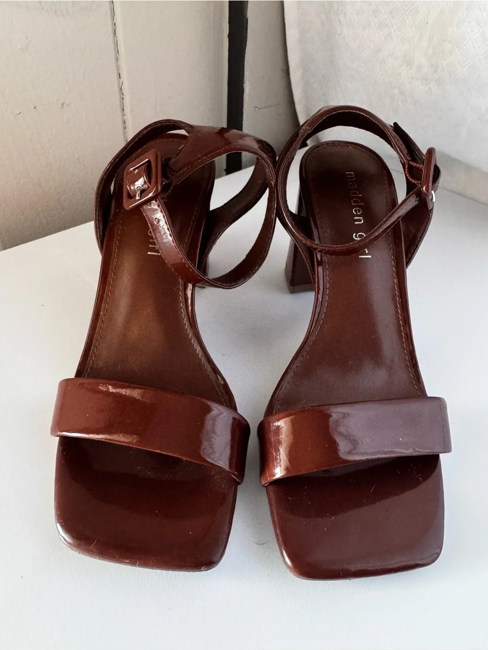 Madden Girl Chocolate Patent Square-Toe Ankle Strap Block Heels